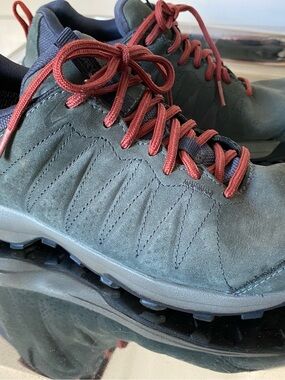 Obōz women’s waterproof hiking shoes — Rosemary/Teal stitching with Red Laces